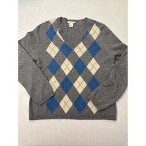 TWEEDS Grey Blue Ivory Argyle Sweater Womens V-Neck Cashmere size XL